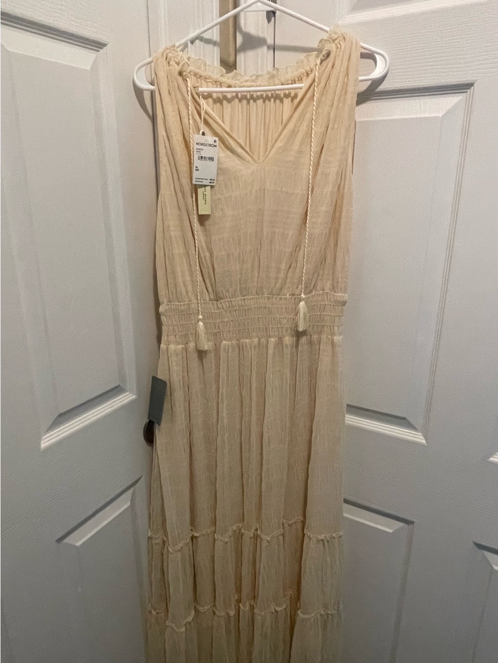 Cream Bohemian Tiered Maxi Dress with Tassel Ties